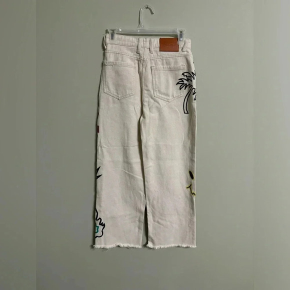 Princess Polly Painted Checkered Graffiti Jeans Size 6 Raw Hem Denim Beige Wide - Picture 3 of 6
